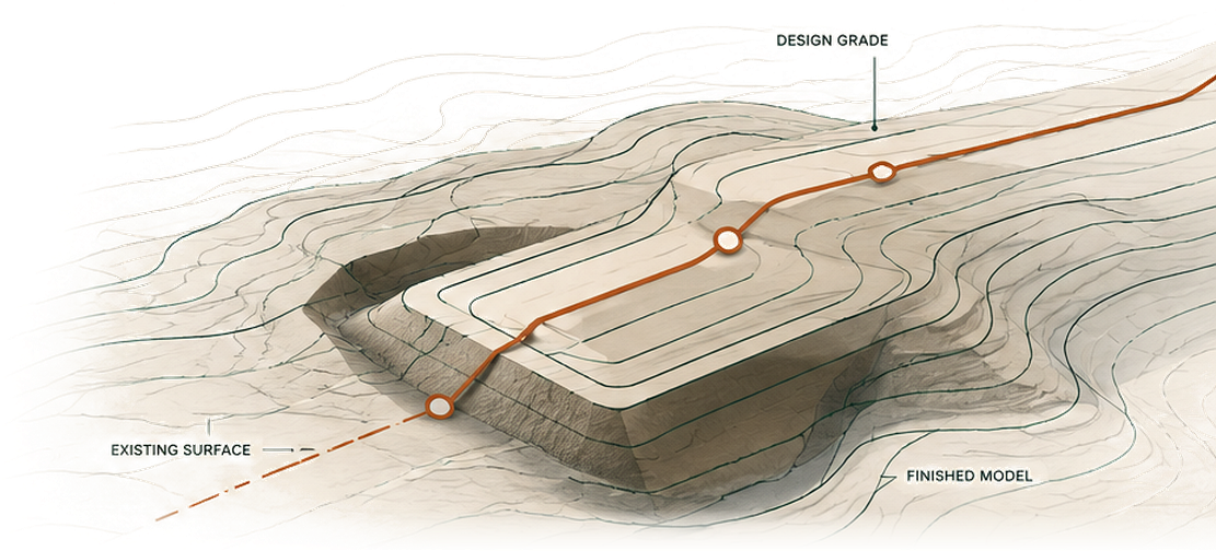 Graded construction surface comparing existing terrain, design grade, and the finished machine-control model